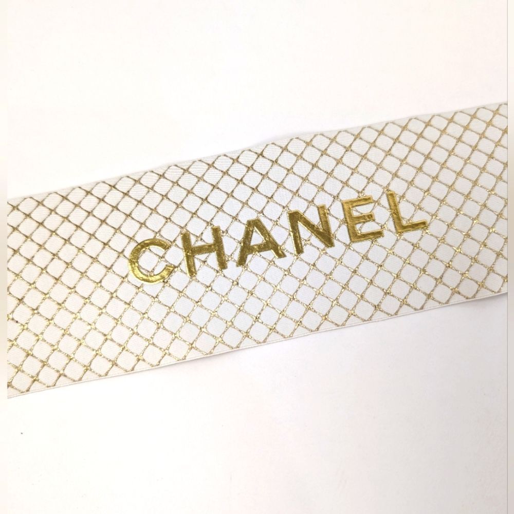 CHANEL Gold/White Box Gift Ribbon with Tape Ends 2 1/4 inch thick